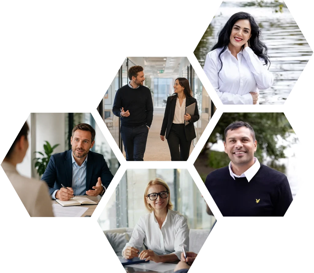 Astra Advisory team i hexagonformade bilder, inklusive rådgivningsmöte och medarbetare i kontorsmiljö